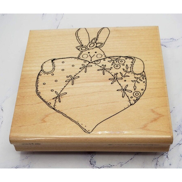 Annette Watkins Patchwork Bunny Heart Quilted Wood Mounted Rubber Stamp J1147 - Picture 1 of 7